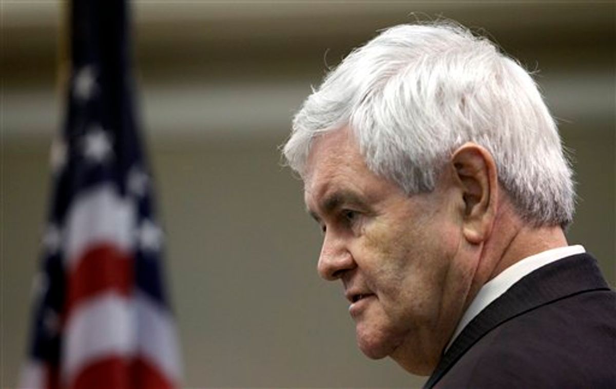 Former House Speaker Newt Gingrich speaks at the Kiwanis Club luncheon, Monday, May 16, 2011, in Dubuque, Iowa. (AP Photo/Charlie Neibergall) (AP)