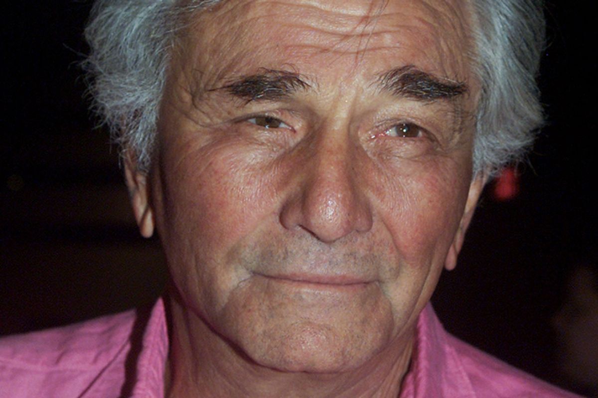 Actor Peter Falk poses as he arrives for the premiere of his new film "Lakeboat" September 24, 2001 in Los Angeles.  [The film is an adaptation of David Mamet's Pulitzer Prize winning comic play about a grad student who takes a summer job on a Great Lakes freighter and sees life through the eyes of his low-brow crew members.The film opens in limited release in Los Angeles September 28.  ] (Â© Rose Prouser / Reuters)