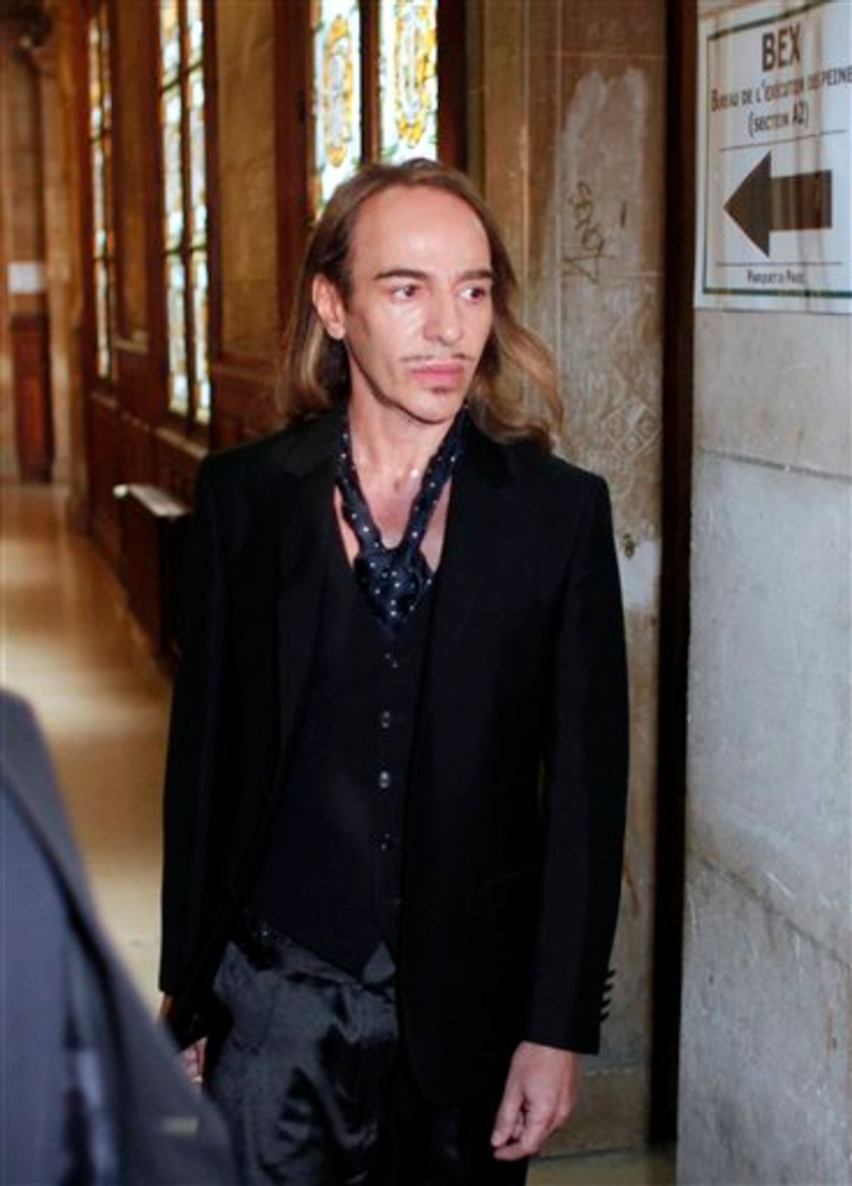 Former Dior designer John Galliano arrives at the Paris court house, Wednesday June 22, 2011, charged with hurling anti-Semitic slurs in a Paris cafe - allegations that shocked the fashion world and cost him his job at the renowned French high-fashion house. Galliano could face up to six months in prison and 22,500 euro ($32,175) in fines. The verdict is expected at a later date. (AP Photo/Thibault Camus)   (AP)