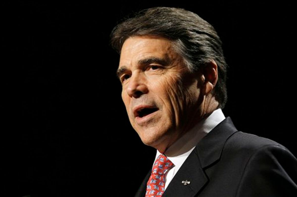 Texas Gov. Rick Perry speaks during the 28th annual National Association of Latino Elected and Appointed Officials conference, Thursday, June 23, 2011, in San Antonio.  Perry is considering a run for president. But he received a tepid reception Thursday following speeches by Democratic Hispanic leaders. They denounced some of Perry's most prized policies as openly hostile to Hispanics. Among those issues is a requirement for tougher enforcement of immigration laws.  (AP Photo/Darren Abate) (AP)