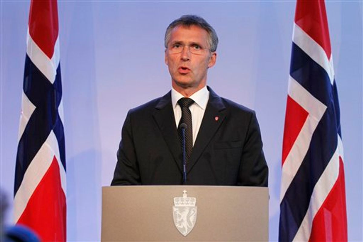Norway's Prime minister Jens Stoltenberg speaks during a press conference in Oslo, Norway, Wednesday, July 27, 2011. Norway's prime minister struck a defiant tone Wednesday, saying the response to twin attacks that have rocked his country will be "more democracy."  (AP Photo/Scanpix, Berit Roald)  NORWAY OUT (AP)