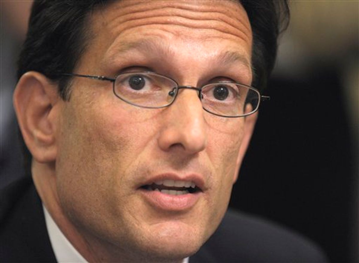 House Majority Leader Eric Cantor of Va., speaks to reporters on Capitol Hill in Washington, Monday, July 11, 2011, as debt talks continued.    (AP/Susan Walsh)