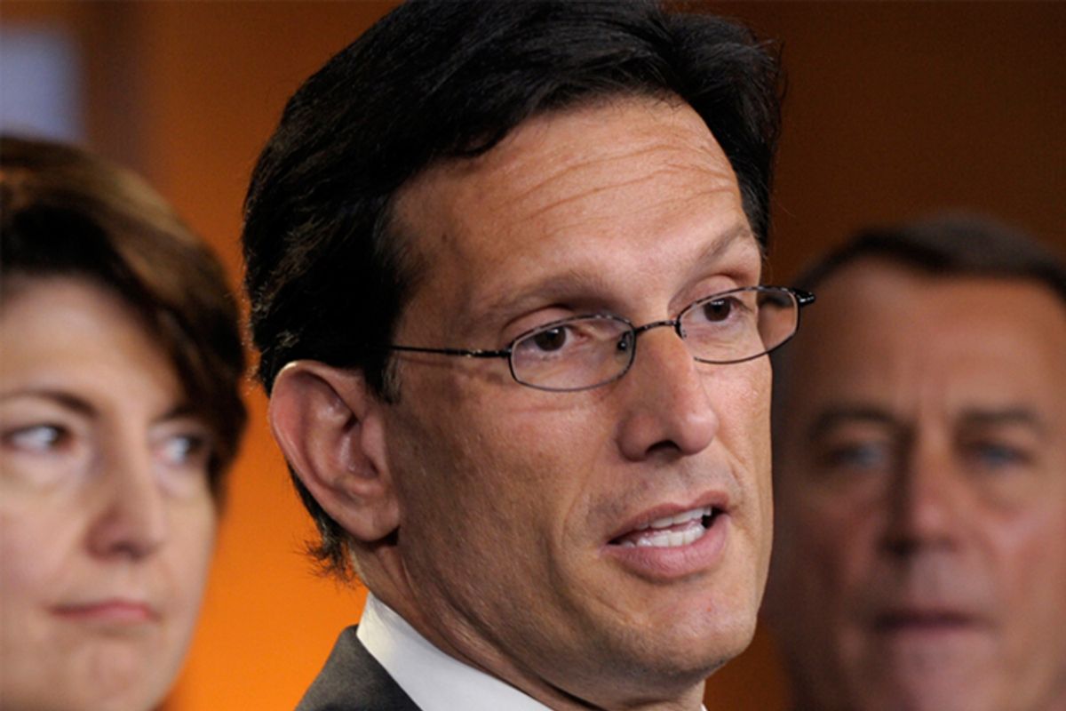 House Majority Leader Eric Cantor, center, flanked by Rep. Cathy McMorris Rodgers, left, and House Speaker John Boehner, right      