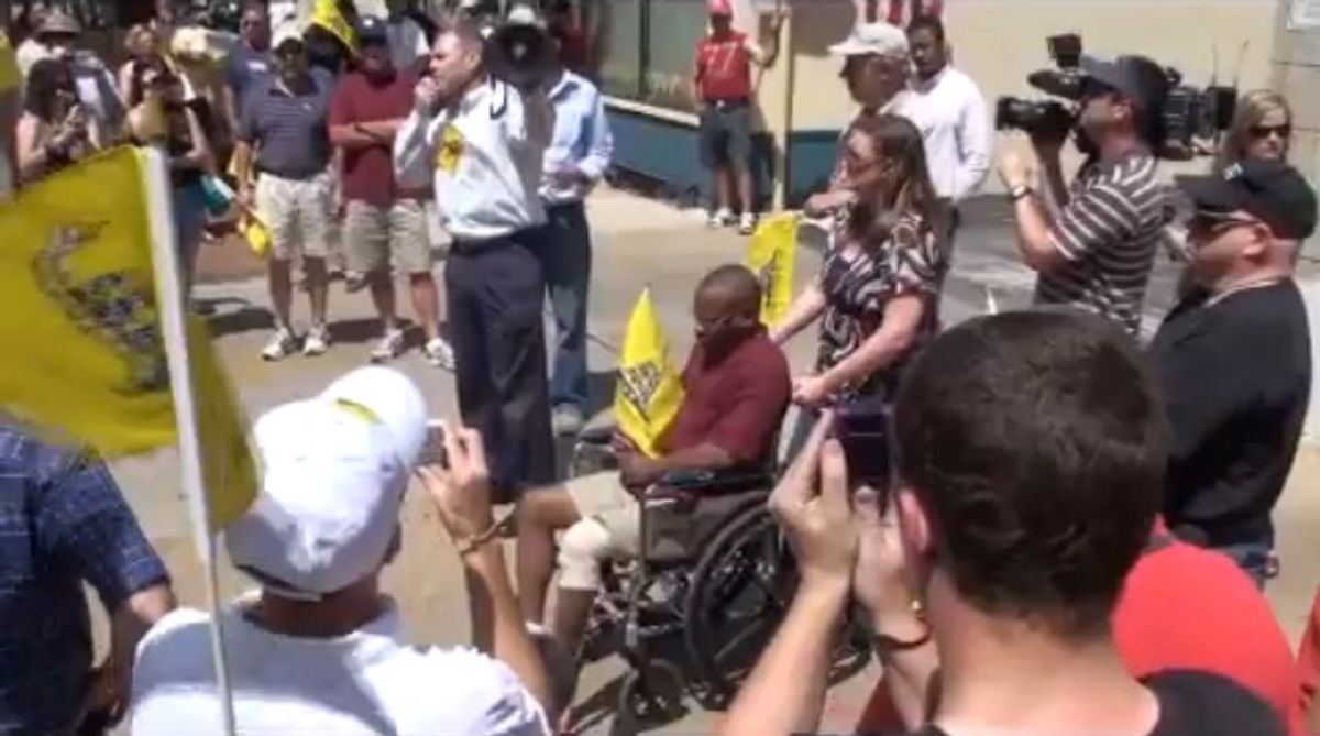 Kenneth Gladney at a 2009 anti-SEIU protest. In his testimony this week he admitted that he was in the wheelchair because it was hot and "they didn't have folding chairs."