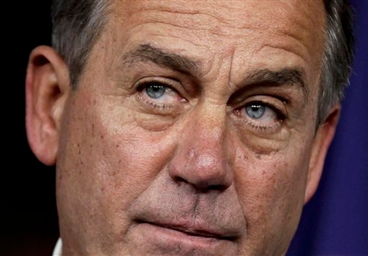 House Speaker John Boehner of Ohio takes part in a news conference on Capitol Hill in Washington, Thursday, July 28, 2011, to discuss the debt crisis showdown.  (AP Photo/J. Scott Applewhite) (AP)