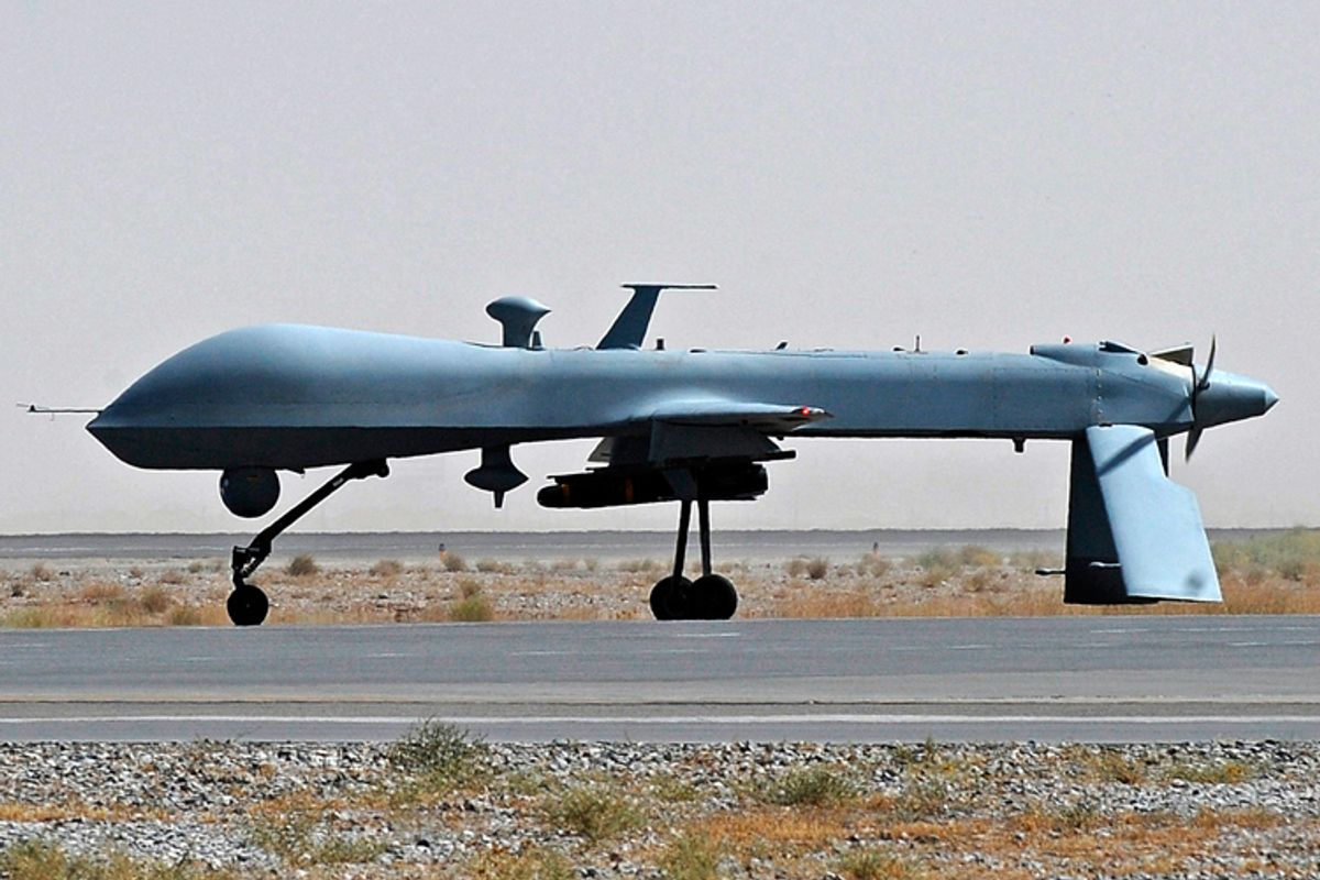 A U.S. Predator unmanned drone armed with a missile       