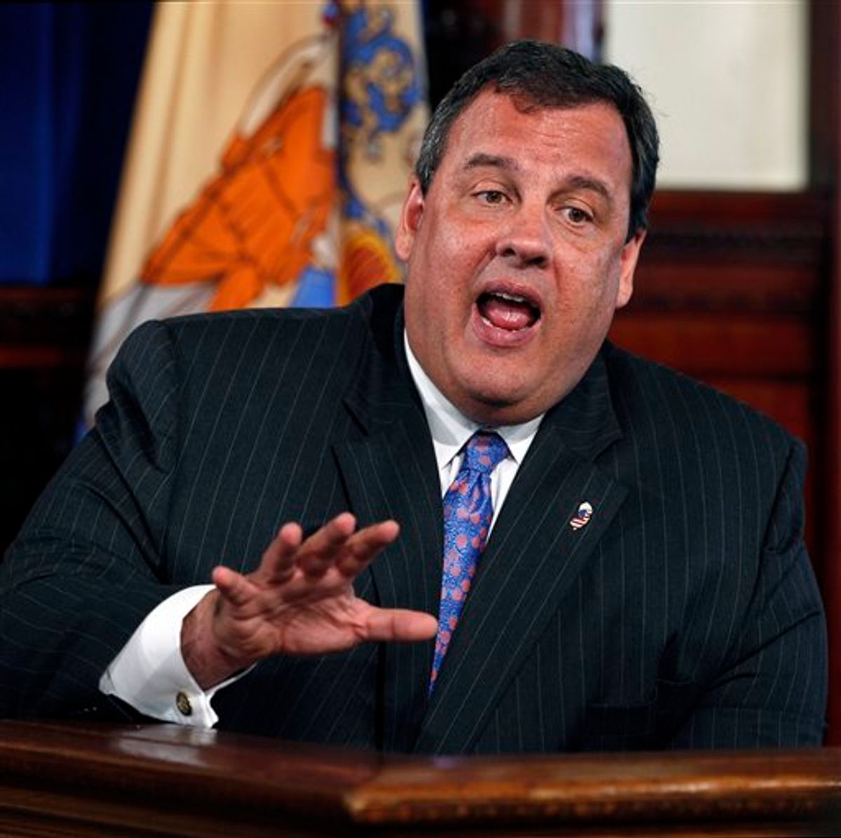 New Jersey Gov. Chris Christie gestures  Tuesday, July 19, 2011, in Trenton, N.J., as he says Billionaire businessman Ken Langone, the co-founder of The Home Depot, and other Republican donors he met with earlier Tuesday didn't persuade him to run for president. The first-term governor and GOP favorite continues to be talked about as a possible challenger to President Barack Obama, but his answer has consistently been 'no.' Christie met Langone and the others in Manhattan. Afterward, the governor reported: "I said nothing different to him today than I've said to other folks in the past." (AP Photo/Mel Evans) (AP)