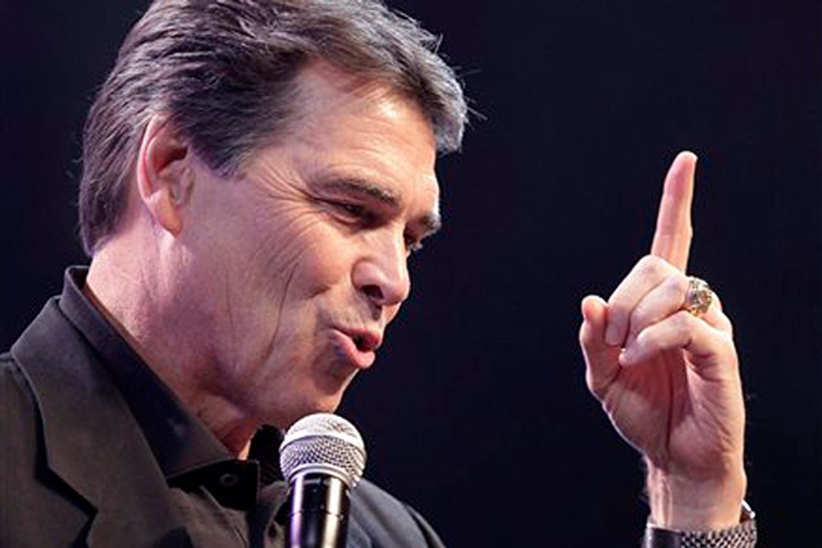 In this Sunday, June 12, 2011 photo, Texas Gov. Rick Perry speaks during a United For Life event event organized by a Hispanic anti-abortion group at the Los Angeles Memorial Sports Arena in Los Angeles. (AP Photo/Richard Vogel)  (Richard Vogel)
