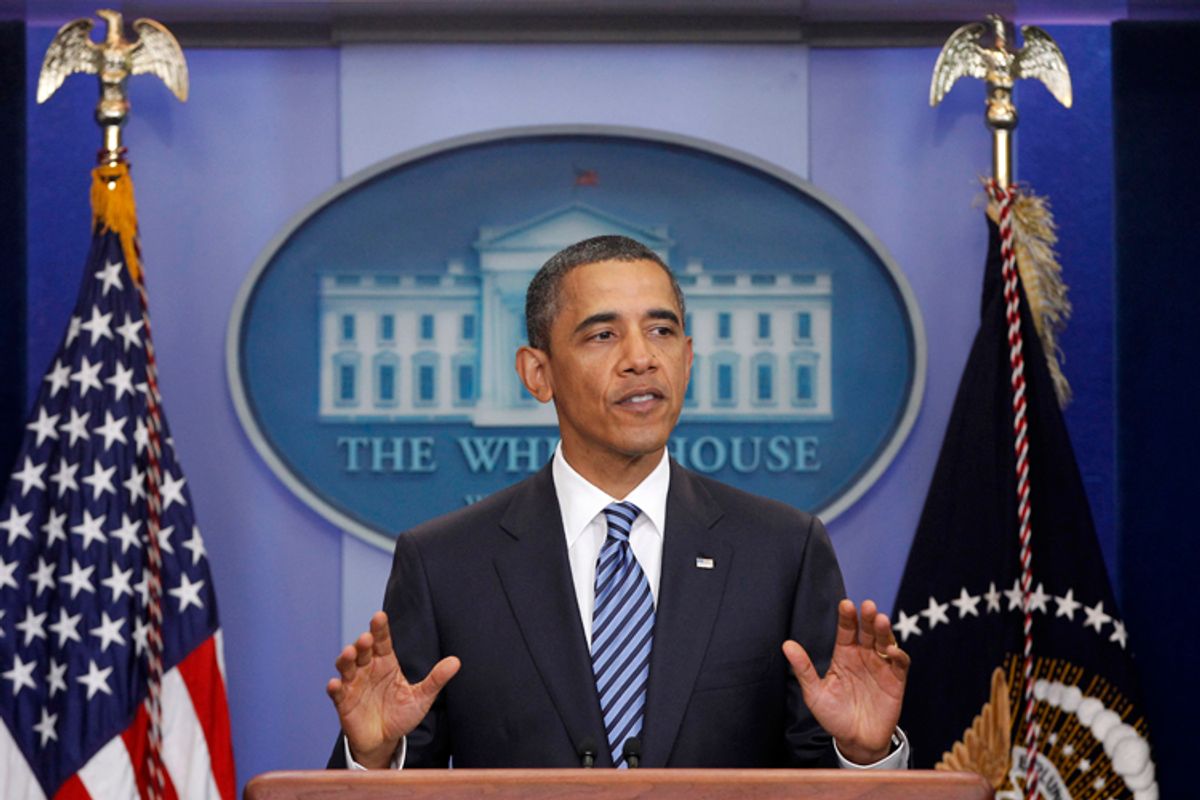 President Barack Obama makes a statement to reporters about debt ceiling negotiations, Tuesday, July 5, 2011, in the James Brady Press Briefing Room of the White House in Washington.  (AP Photo/Charles Dharapak) (Charles Dharapak)