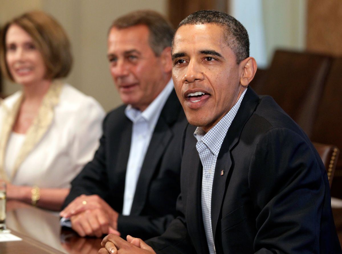 President Barack Obama meets with congressional leadership in the Cabinet Room of the White House,Sunday, July 10, 2011, in Washington, to discuss the debt House Democratic Leader Nancy Pelosi of Calif., left, and House Speaker John Boehner. (AP Photo/Carolyn Kaster)      (Associated Press)