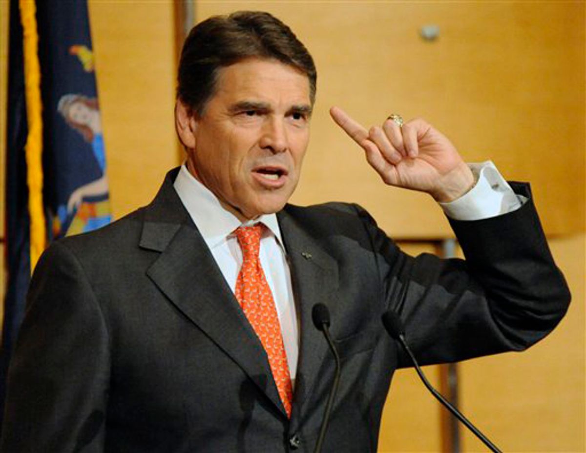 Texas Gov. Rick Perry speaks at the Lincoln Dinner, an annual fundraising event for the New York GOP, Tuesday, June 14, 2011 in New York. Perry stirred speculation Tuesday that he would seek the 2012 Republican presidential nomination, championing his state's economy before a packed GOP gathering in New York and telling a television interviewer he would engage in a "thought process" before deciding whether to join the field. (AP Photo/Bill Kostroun)  (Bill Kostroun)