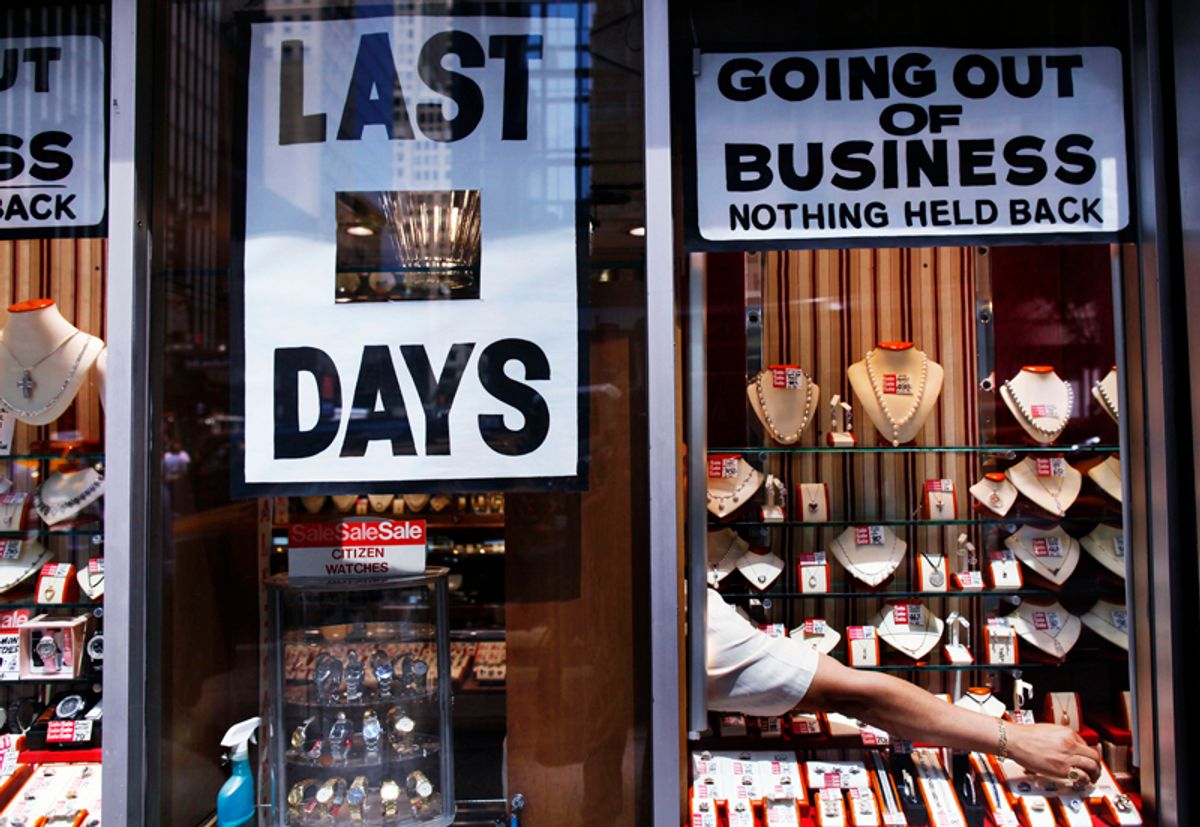 A man arranges jewelry at a store going out of business in New York June 8, 2011.    REUTERS/Shannon Stapleton   (UNITED STATES - Tags: BUSINESS SOCIETY)  (Â© Shannon Stapleton / Reuters)
