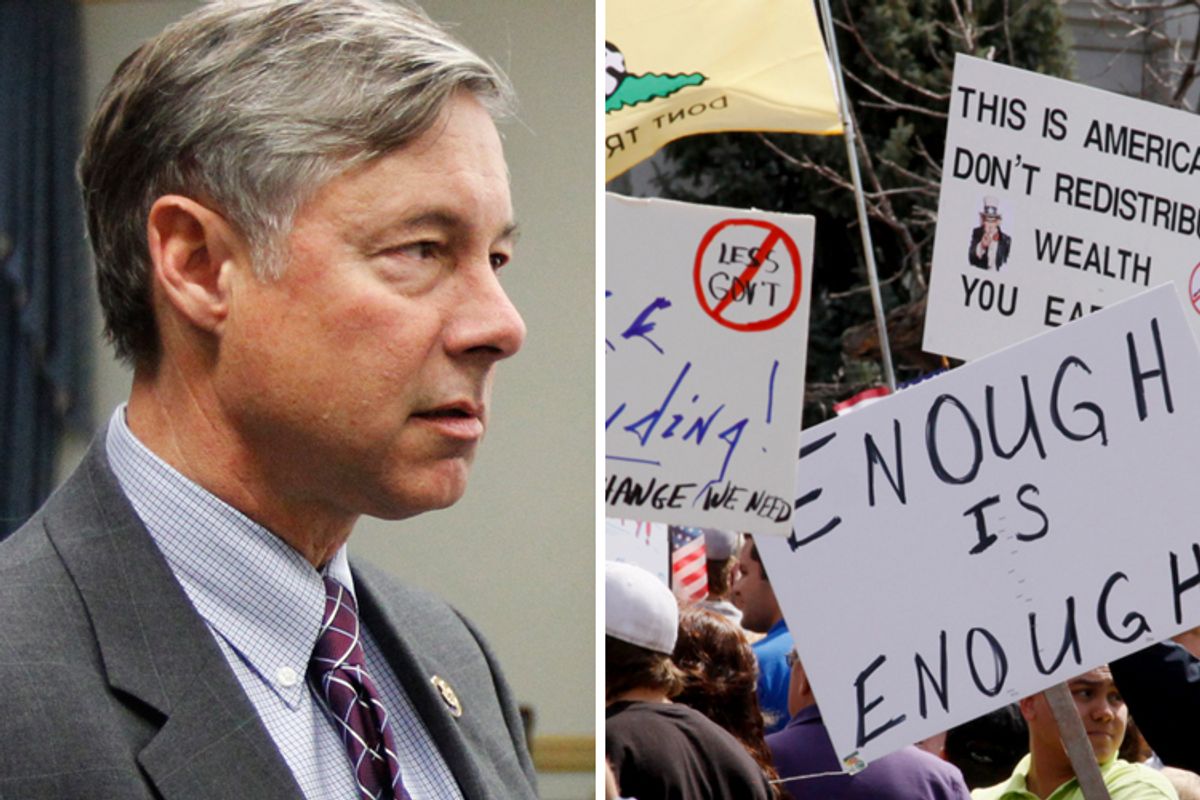 Rep. Fred Upton. Right: People wave signs at a tea party protest.
