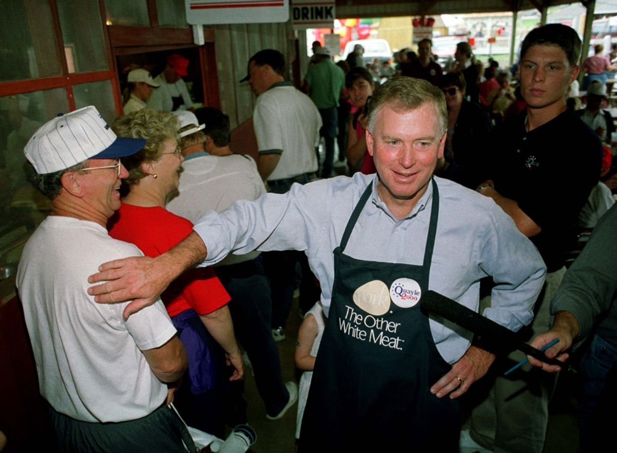 Republican presidential hopeful Dan Quayle greets people at the Iowa State Fair while campaigning August 12 in Des Moines. Presidential hopefuls from both parties are criss-crossing Iowa campaigning before the annual Iowa Straw Poll on August 14.

JM/TB (Â© Reuters Photographer / Reuters)