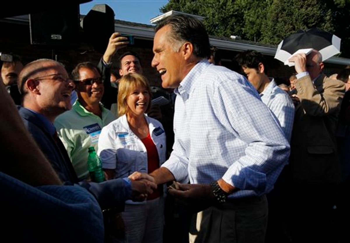 Republican presidential candidate and former Massachusetts Gov. Mitt Romney greets contributors before he speaks at a campaign fundraising event at a home in Des Moines, Iowa, Wednesday, Aug. 10, 2011. (AP Photo/Charles Dharapak) (AP)