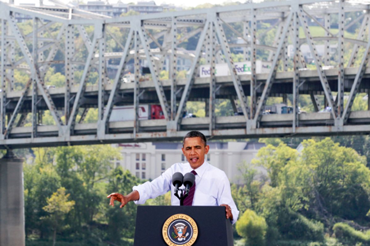President Obama speaks in front of the dilapidated Brent Spence Bridge during a visit to Cincinnati on Sept. 22.  (Reuters/John Sommers II)
