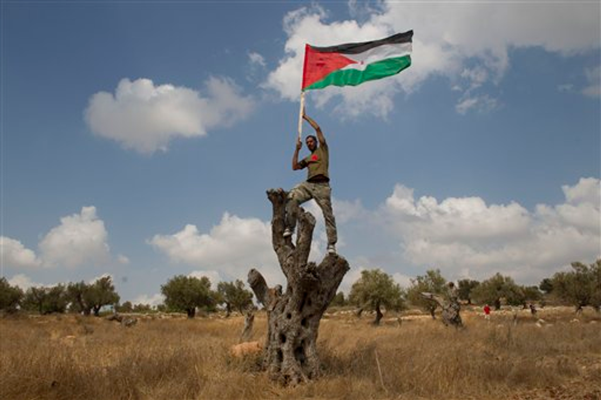 A Palestinian waves a flag during a demonstration in the West Bank, Friday, Sept. 9, 2011