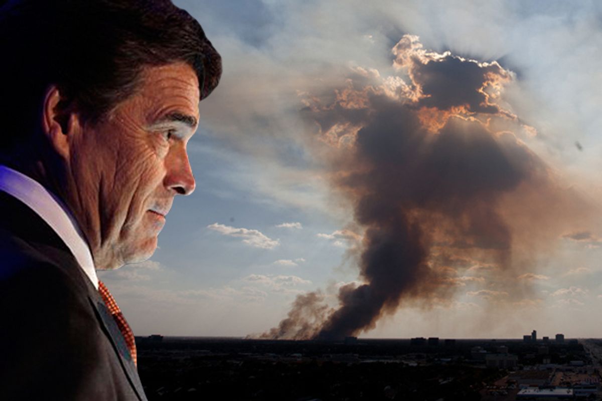 Gov. Rick Perry. Right: Wildfires in George Bush Park in West Houston on Sept. 13, 2011.  (Reuters/<span about='http://www.flickr.com/photos/eschipul/6145536002/' xmlns:cc='http://creativecommons.org/ns#'><a href='http://www.flickr.com/photos/eschipul/6145536002/' rel='cc:attributionURL' target='_blank'>Ed Schipul</a> / <a href='http://creativecommons.org/licenses/by/3.0/' rel='license' target='_blank'>CC BY 3.0</a></span>)