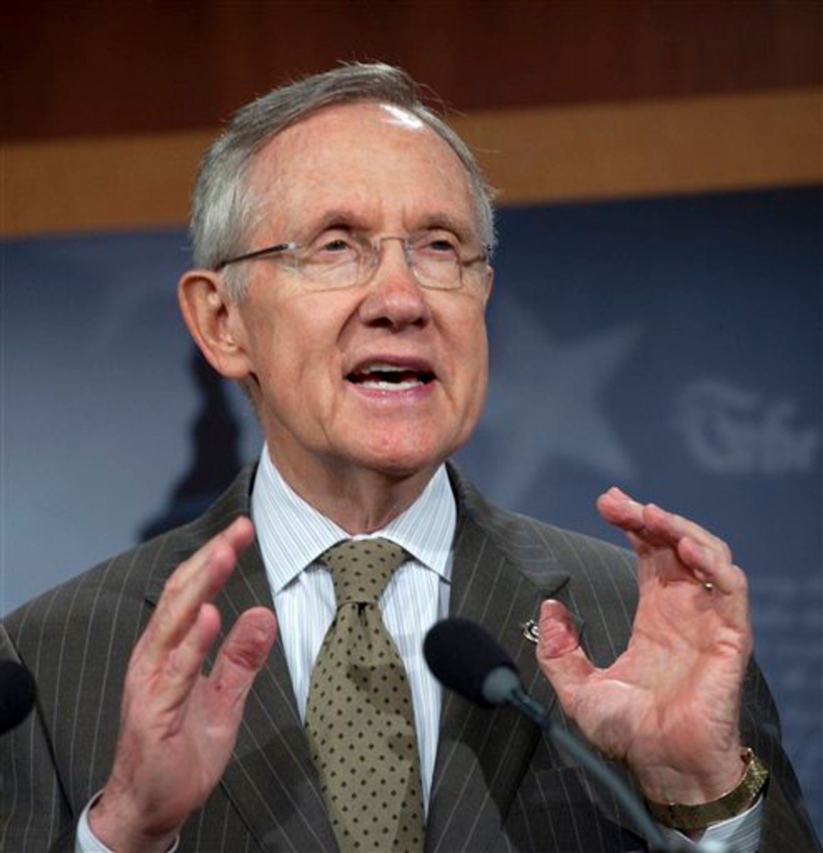 Senate Majority Leader Harry Reid of Nev. gestures during a news conference on Capitol Hill in Washington on Thursday, Sept. 22, 2011, to discuss FEMA funding and the Continuing Resolution to fund the government. (AP Photo/Harry Hamburg) (AP/Harry Hamburg)