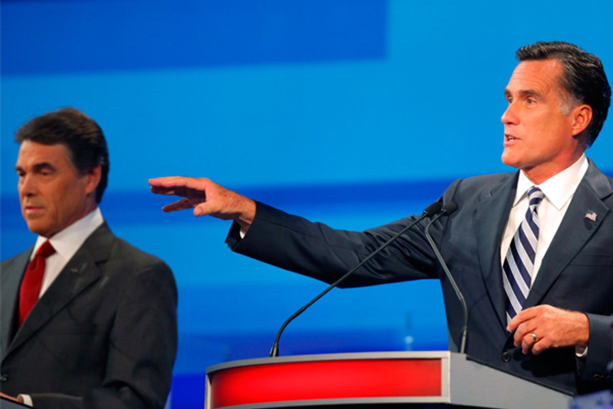 Rick Perry and Mitt Romney  (Reuters/Scott Audette)