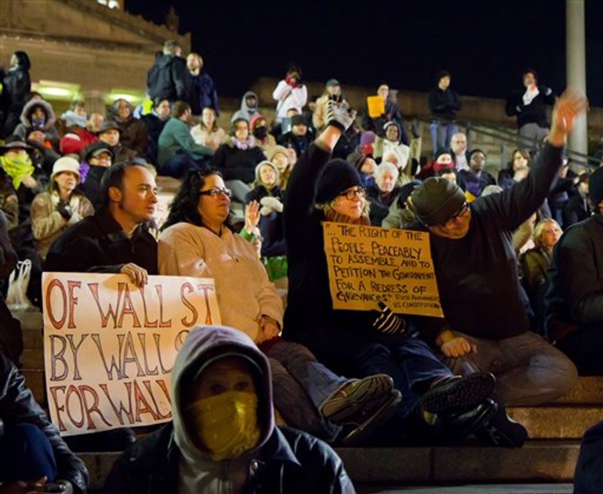 Protesters affiliated with the Occupy Wall Street Movement are seen at the Tennessee Capitol on Friday. After curfew arrests on Friday and Saturday, state police let the demonstrators stay through Sunday morning without detaining anyone(AP Photo/Erik Schelzig)    (AP)