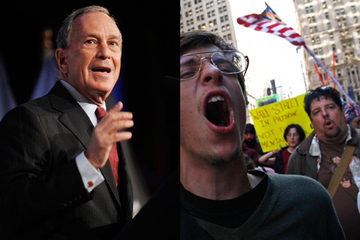  Michael Bloomberg and an Occupy Wall Street protester shouting slogans  (AP/Reuters)