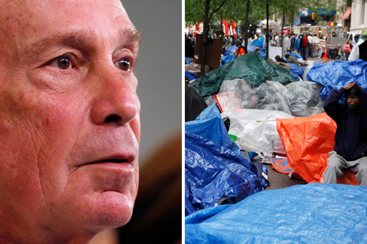 A member of the Occupy Wall St movement in Zuccotti Park. Left: Mayor Bloomberg   (Â© Jessica Rinaldi / Reuters)