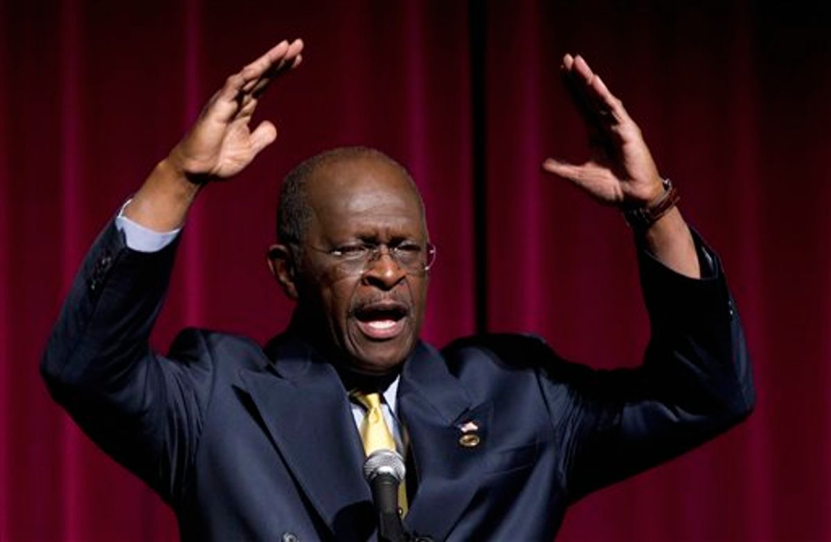 Republican Presidential candidate, Herman Cain campaigns in Talladega, Ala., Friday, Oct. 28, 2011. (AP Photo/Dave Martin)  (AP)
