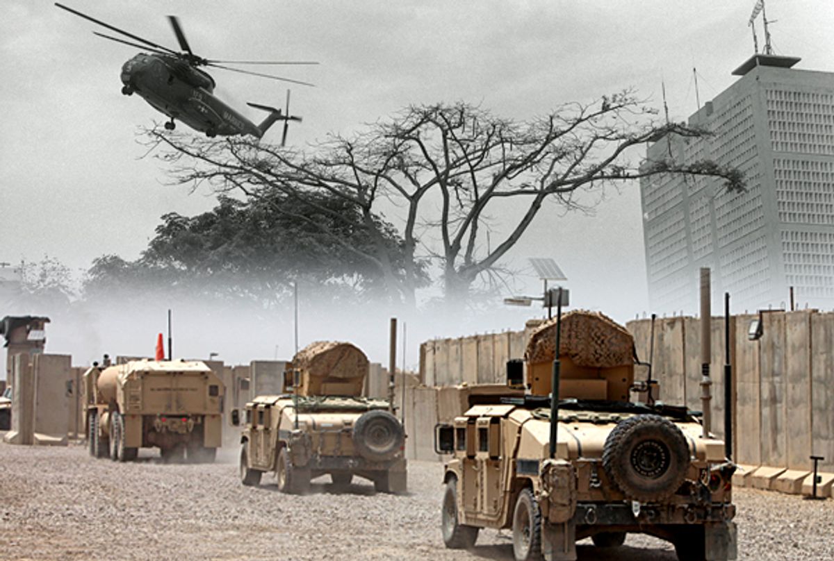 A U.S. Marine helicopter lifts off from the rooftop of the U.S. Embassy during the evacuation of Saigon on April 30, 1975. Bottom: US Army vehicles leave their base after a handover ceremony in May  2010.  (AP)
