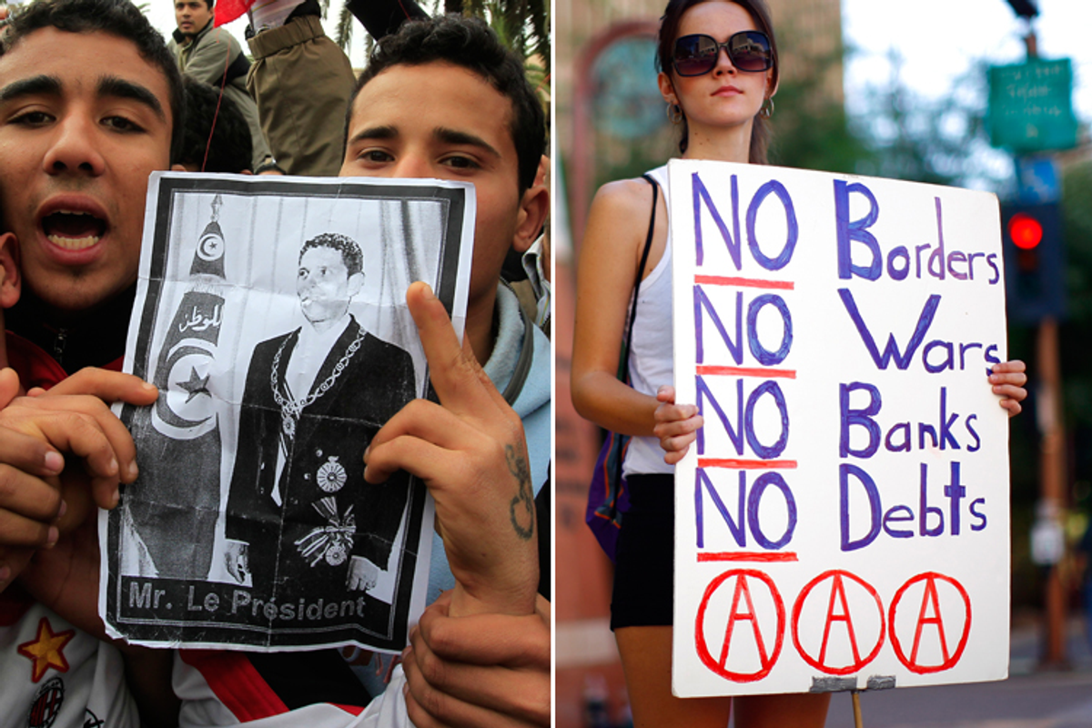 Left: Protesters chant slogans as they hold a photograph of Mohamed Bouazizi in Tunis December 17, 2010. Right: A protester takes part in an Occupy Phoenix demonstration. (Reuters/Zohra Bensemra/Eric Thayer)