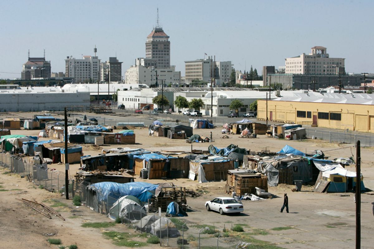 One of three homeless encampments, known as tent city is seen in Fresno, Calif. Fresno,  June 18, 2009         (AP)
