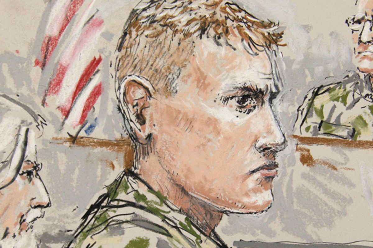 U.S. Army Staff Sgt. Calvin Gibbs, shown in this courtroom sketch, was convicted of killing Afghan civilians.     (AP/Peter Millett)