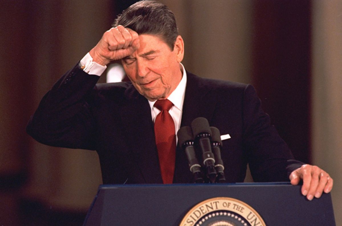 President Ronald Reagan shortly after the Iran-contra scandal engulfed his administration in November 1986.   (AP/Dennis Cook)