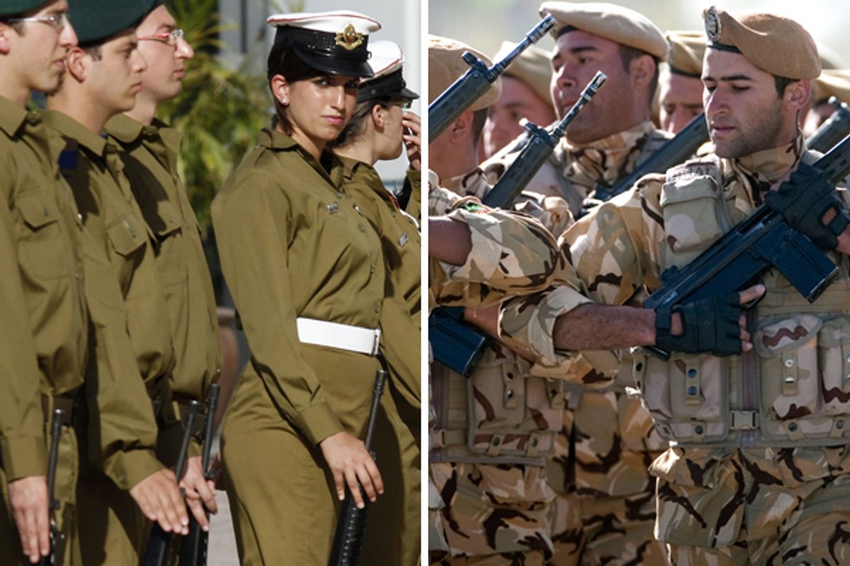  Israeli army, left. Right: Iranian forces      (Reuters)