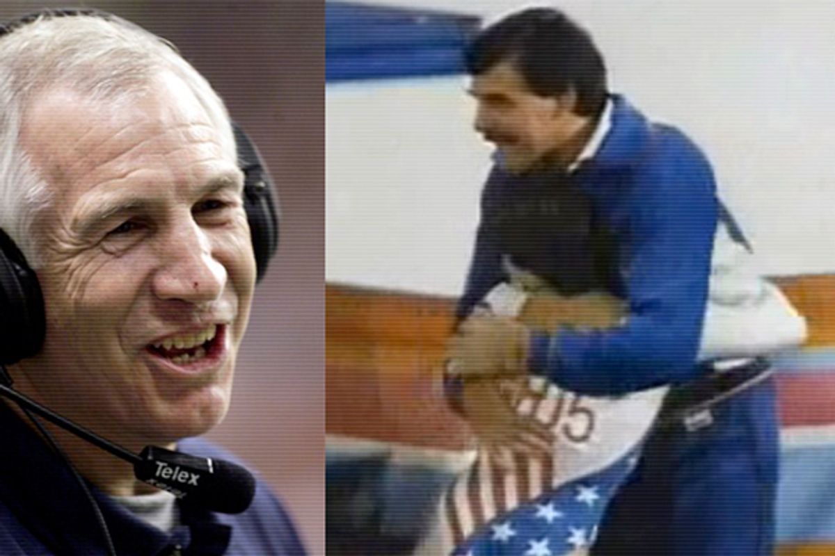Jerry Sandusky, left. Right: Mary Lou Retton and Don Peters   (AP/YouTube)