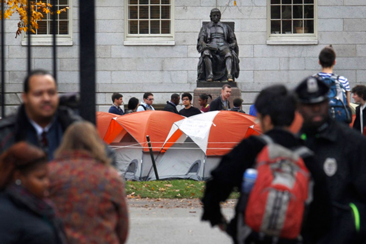 Occupy Harvard, near a statue of the university's founder, John Harvard.         (AP/Steven Senne)