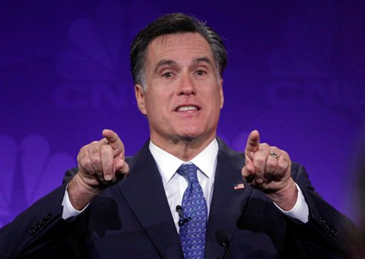 In this Nov. 9, 2011, photo, Republican presidential candidate former Massachusetts Gov. Mitt Romney, speaks during a Republican presidential debate at Oakland University in Auburn Hills, Mich. The U.S. Constitution forbids setting a religious test for public officials, but, as Romney can testify, political realities can override that guiding principle when evangelical Christians step into the voting booth. Romney is a member of The Church of Jesus Christ of Latter-day Saints, the mainline Mormon denomination. He had to fight back against conservative Christian rejection of his religious beliefs when he unsuccessfully ran for the White House in 2008 and faces the same struggle in his bid to challenge President Barack Obama in 2012. (AP Photo/Paul Sancya)  (AP)