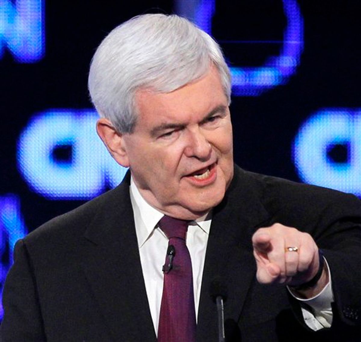 FILE - In this Oct. 18, 2011 file photo, Republican presidential candidate, former House Speaker Newt Gingrich, makes a point during a Republican presidential debate in Las Vegas. (AP Photo/Chris Carlson, File)     (AP)