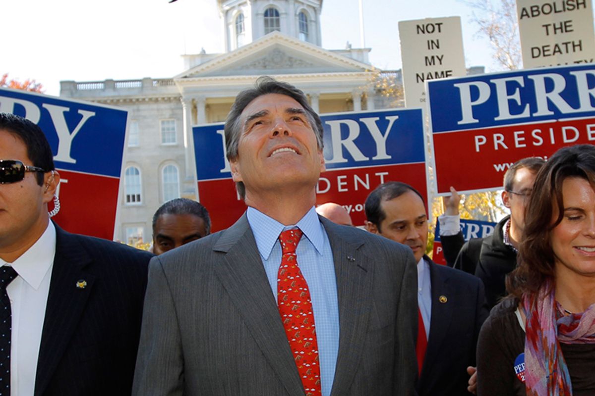 Republican presidential candidate Texas Governor Rick Perry (C) leaves the New Hampshire State House after filing the paperwork for his name to appear on the primary ballot in Concord, New Hampshire      (Reuters)