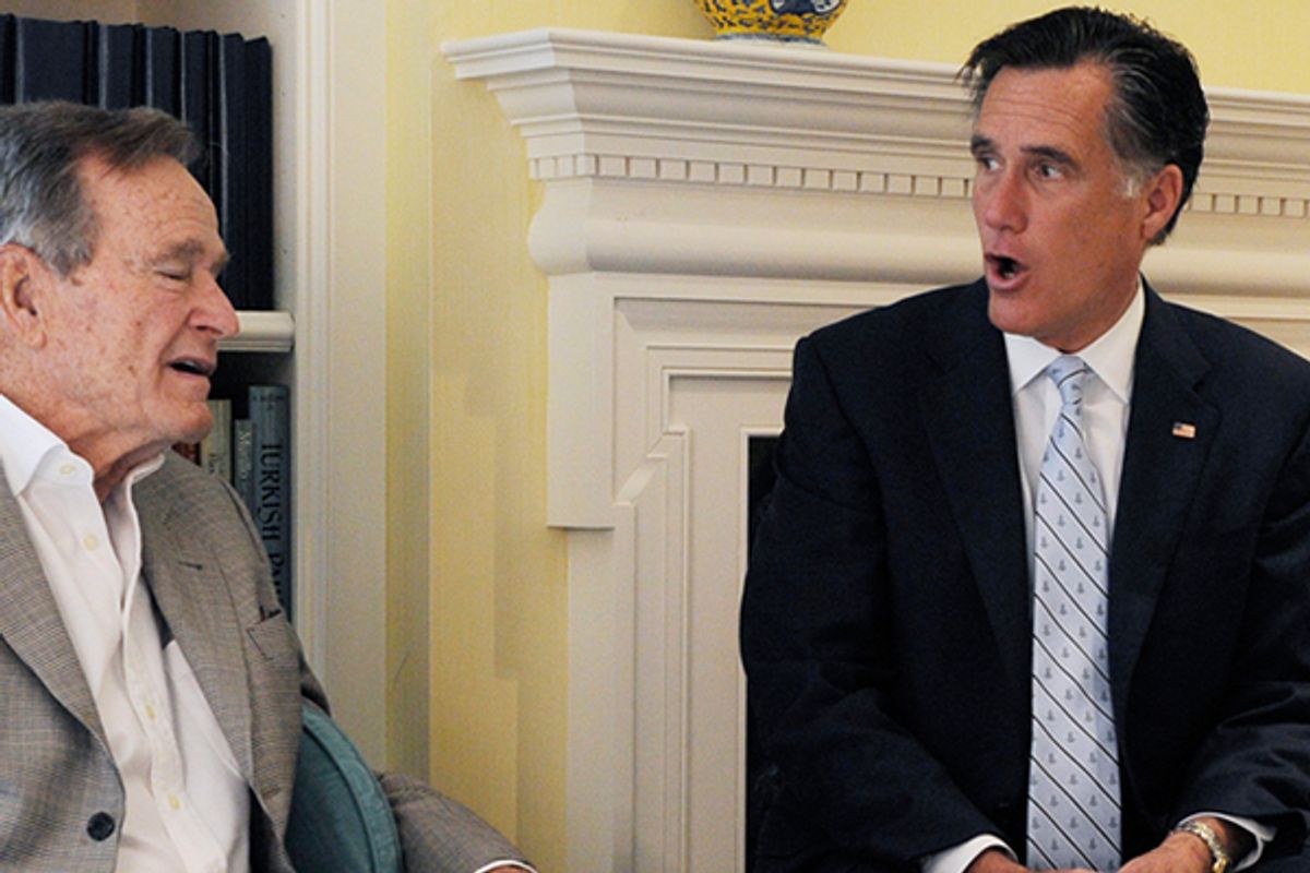 Republican presidential candidate, former Massachusetts Gov. Mitt Romney, center, visits with former President George H.W. Bush, Thursday, Dec. 1, 2011.    (AP/Pat Sullivan)