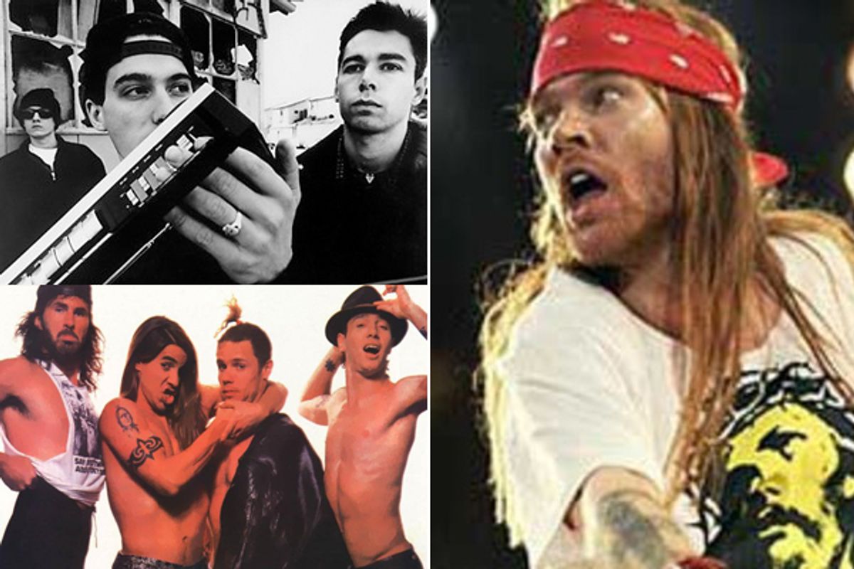 Clockwise from lower left: Red Hot Chili Peppers, Beastie Boys and Axl Rose  