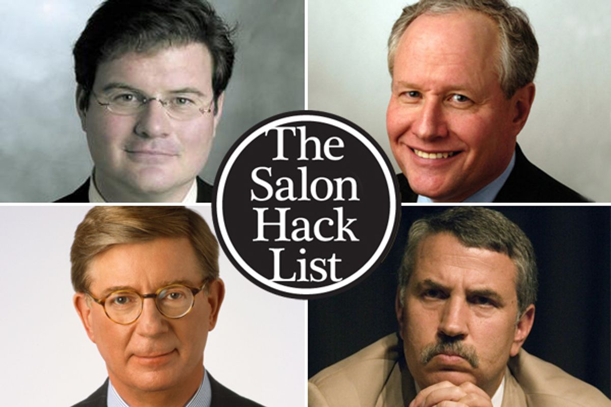 Clockwise from top left: Jonah Goldberg, Bill Keller, Thomas Friedman and George Will   
