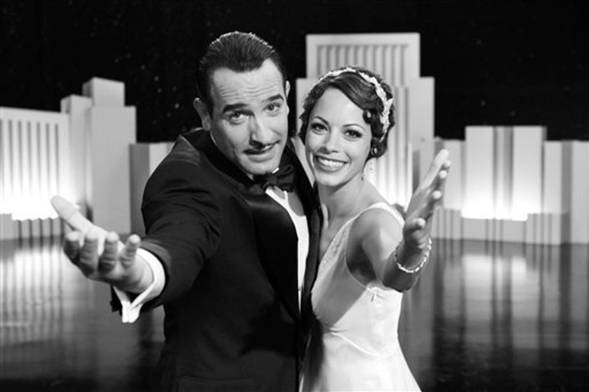 In this film publicity image released by The Weinstein Company, Jean Dujardin portrays George Valentin, left, and Berenice Bejo portrays Peppy Miller in a scene from "The Artist."          (AP/The Weinstein Company)