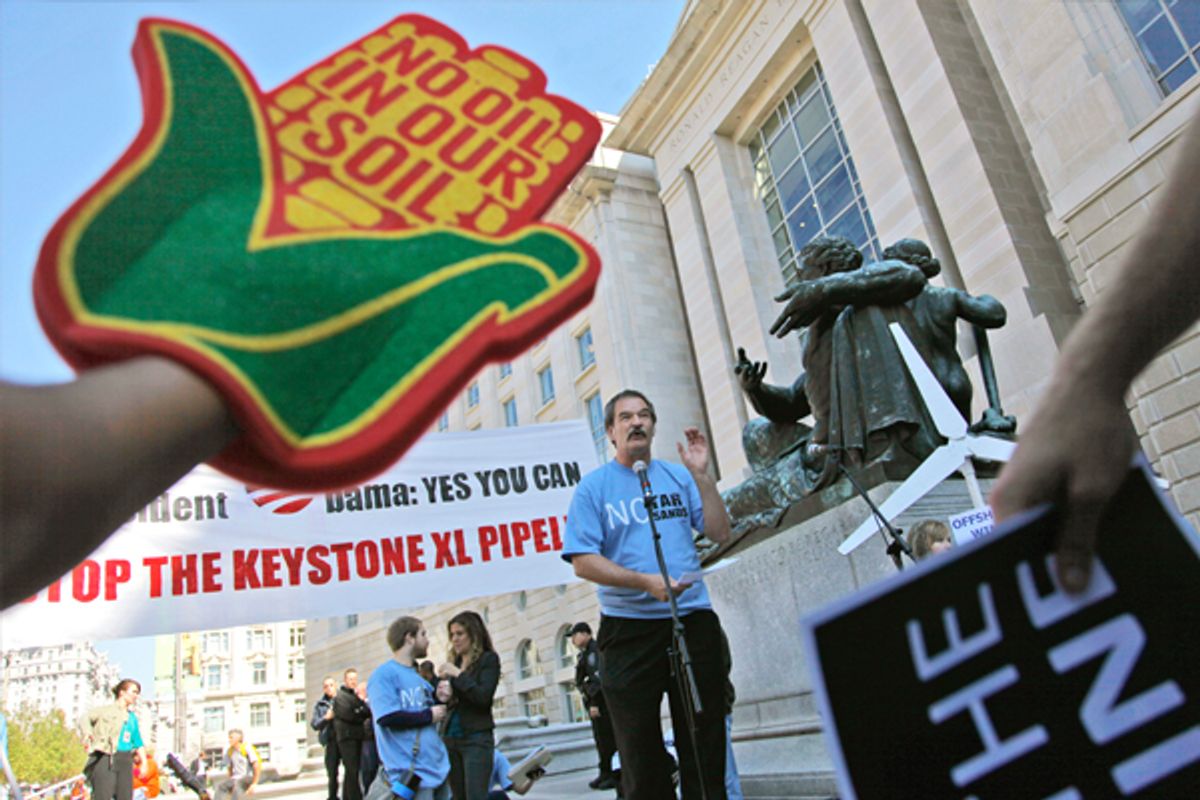 A protestor speaks against the proposed Keystone XL pipeline.       (AP/Pablo Martinez Monsivais)