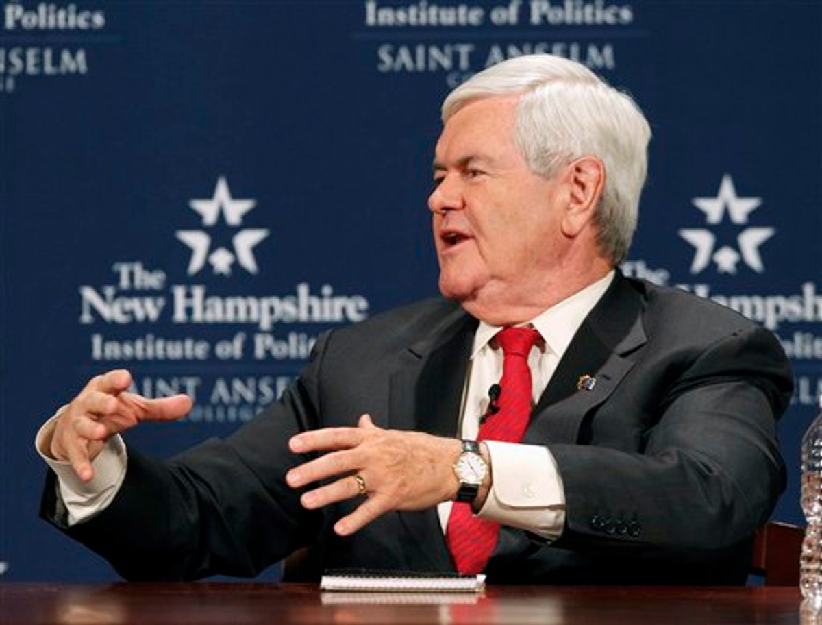 FILE - In this Dec. 12, 2011 file photo, Republican presidential candidate former House Speaker Newt Gingrich gestures during debate in Manchester, N.H. Gingrich is pledging to stay relentlessly positive in his quest for the White House. Except when he's not. (AP Photo/Elise Amendola, File)         (AP)