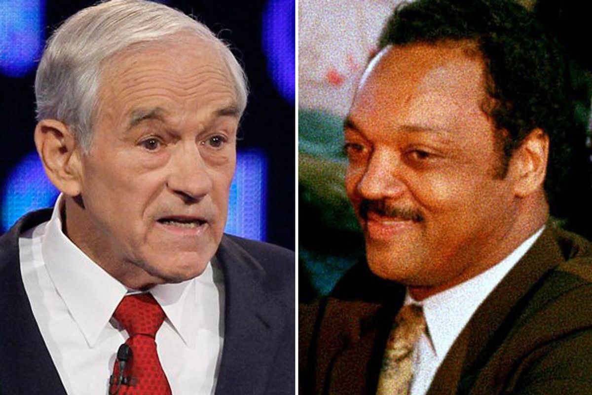  Ron Paul at a 2011 debate and Jesse Jackson on the campaign trail in 1988.   (AP)