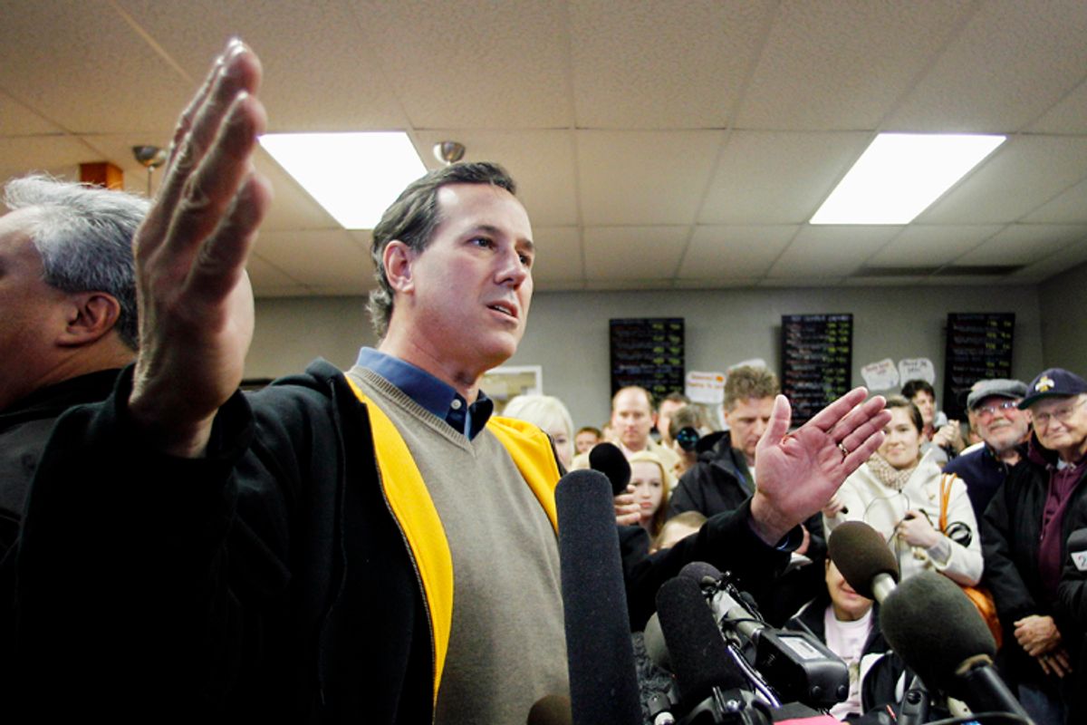 Republican presidential candidate, former Pennsylvania Sen. Rick Santorum speaks during a campaign stop at the Rising Sun Cafe, Monday, Jan. 2, 2012, in Polk City, Iowa.    (AP/Eric Gay)