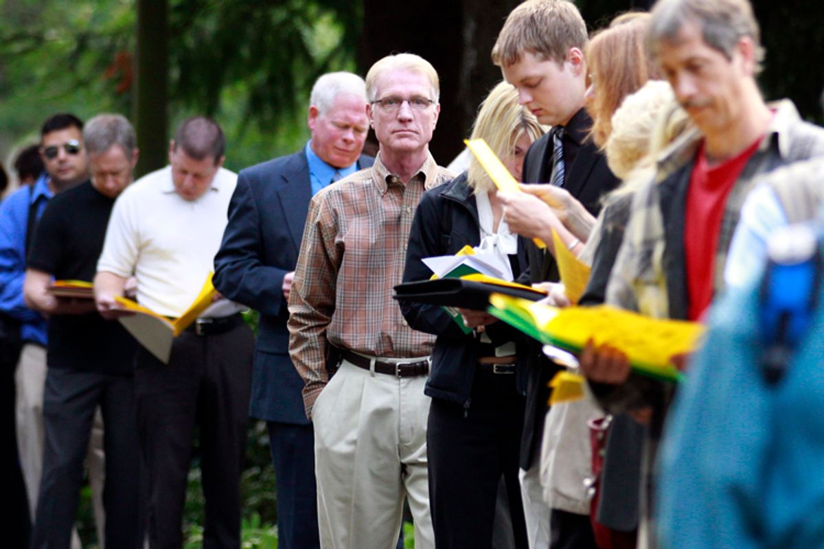 People wait in line at the 2011 Maximum Connections Job and Career Fair Thursday, Sept. 15, 2011, in Portland, Ore.       (AP/Rick Bowmer)