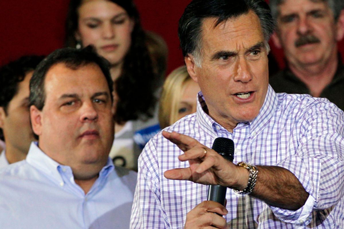 Republican presidential candidate, former Massachusetts Gov. Mitt Romney, and New Jersey Gov. Chris Christie     (AP/Elise Amendola)