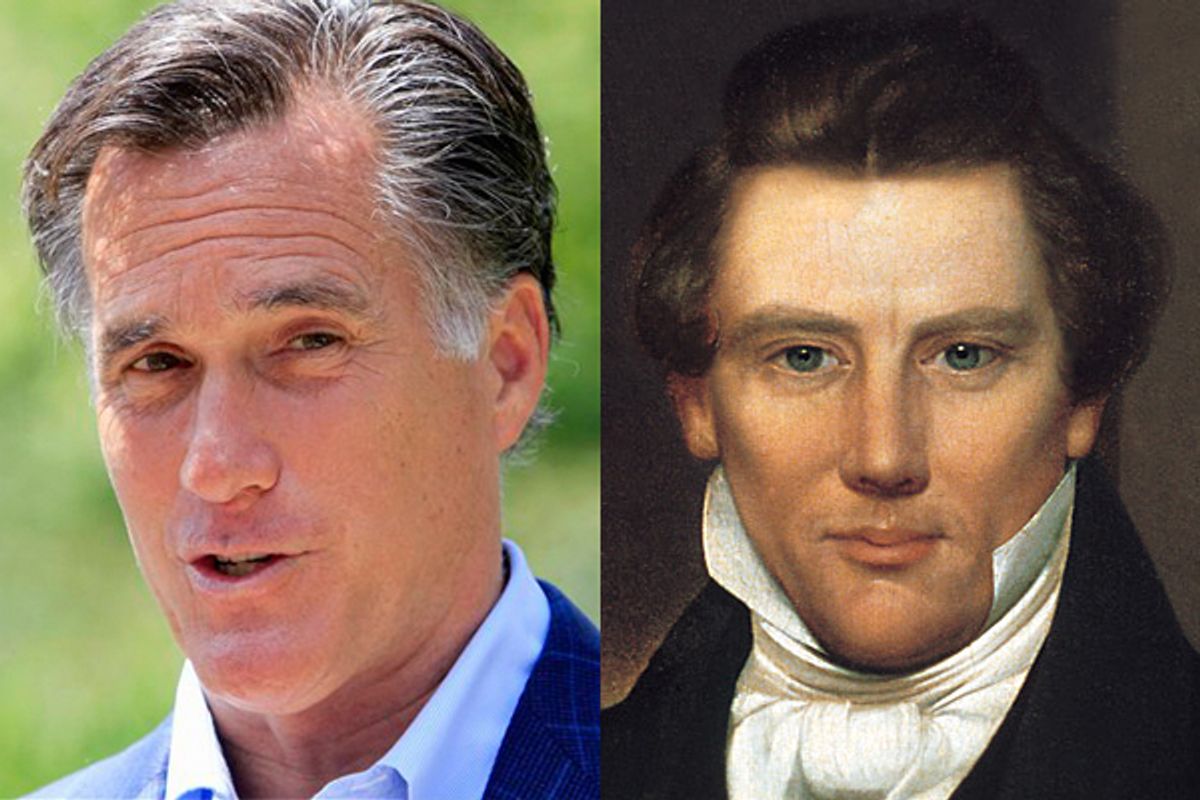  Mitt Romney and Mormon church founder Joseph Smith         (AP/<a href="http://en.wikipedia.org/wiki/File:Joseph_Smith,_Jr._portrait_owned_by_Joseph_Smith_III.jpg">Wikipedia</a>)